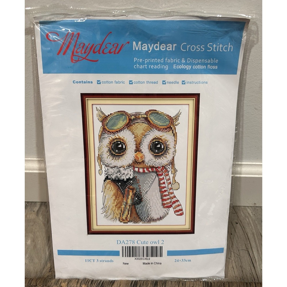 NOS MAYDEAR CROSS STITCH KIT Cute OWL SCARF Winter AVIATOR NEW SEALED
